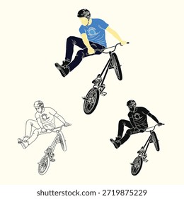 Ilustraciones vectoriales de un piloto de BMX realizando un truco de salto en el aire en diferentes estilos.