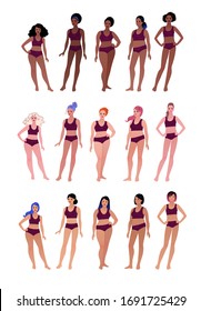 Vector illustrations of body positive multiethnic  female characters isolated on white background.