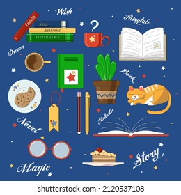 Ilustraciones vectoriales con libros, un gato, plantas y otras cosas acogedoras. Elementos dibujados en un estilo plano. Para los niños.