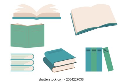 Ilustraciones vectoriales de libros vistos desde varias direcciones.