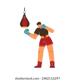 Vector illustrations of boxing training with a punching bag. A white background depicts a male boxer in gloves, in sports clothes, striking a punching bag