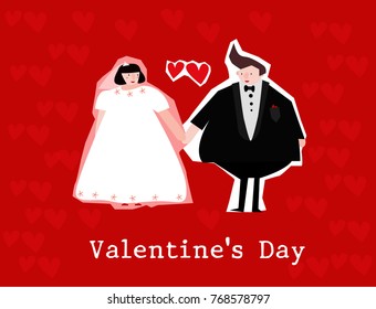 Vector illustrations Bride and groom wedding scene blue cloud card Valentines