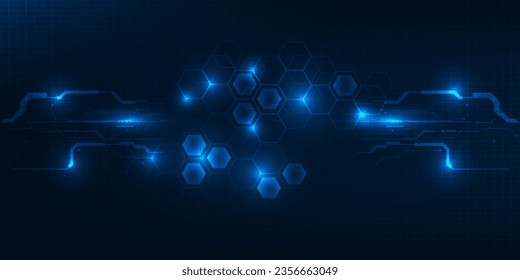 Vector illustrations of Bright glowing blue hexagonal and circuit network pattern digital hi tech background.