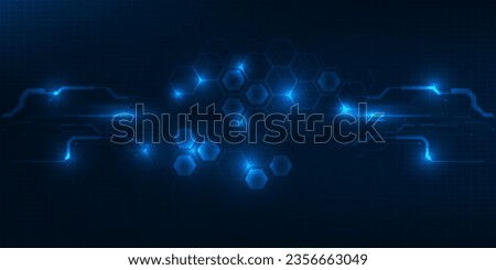 Vector illustrations of Bright glowing blue hexagonal and circuit network pattern digital hi tech background.