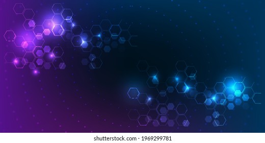 Vector illustrations of Bright glowing purple and blue hexagonal network pattern digital hi tech background.