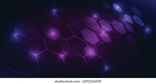 Vector illustrations of Bright glowing purple and blue hexagonal network pattern digital hi tech background.Digital innovation and technology concepts.