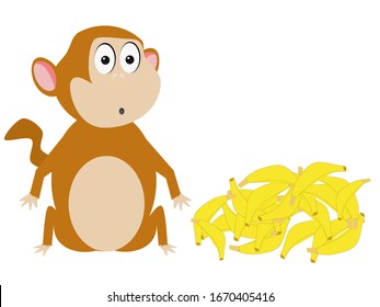 Vector. Illustrations. Brown monkey with big eyes and an open mouth. A big bunch of bananas. A monkey with bunch of bananas. Children's illustrations.