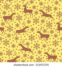 Vector illustrations of brown pattern seamless with snowflakes and deer on yellow background
