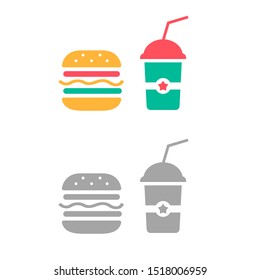 Vector illustrations of burger and soda isolated on white background. Flat icons of fast food. 