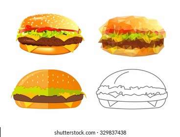 Vector illustrations of burgers in 4 styles. Flat, linear, low-poly and realistic burger on white background