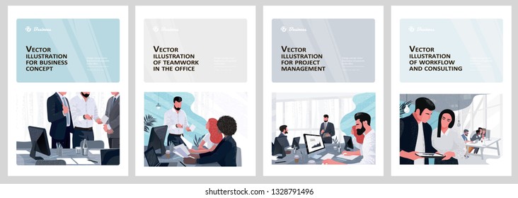 Vector Illustrations For Business, Finance, Cover, Banner, Poster Or Brochure Design. Financial Administration Concept. Drawings Of Work In The Office And In The Team