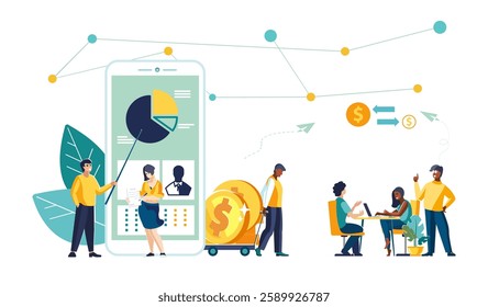 Vector illustrations. Business, mobile app. Team of business people negotiating financial deal, working together to achieve success. Solving issues on dollar gold coins. Ethnicity, African American
