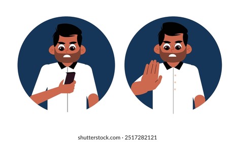 Vector illustrations of a businessman in different poses, showing various emotions and using props
