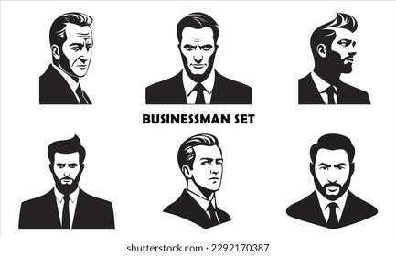 Vector illustrations businessmen set, black color isolated on white background