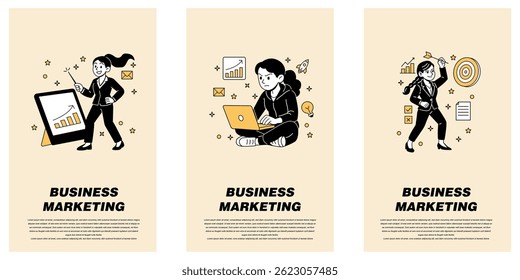 Vector illustrations of businesswomen presenting charts, working on laptops, and hitting marketing goals. Perfect for strategy, planning, and digital business visuals