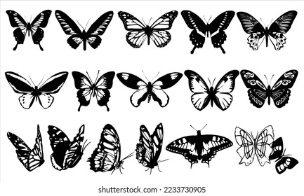 Ilustraciones vectoriales del icono de silueta de mariposa sobre fondo blanco.