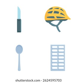 Vector illustrations of camping gear, a knife, protective helmet, spoon, and pill blister