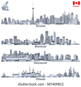 vector illustrations of Canadian cities Toronto, Montreal, Vancouver and Ottawa skylines in tints of blue color palette with map and flag of Canada
