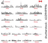vector illustrations of Canadian city skylines in black and white tints color palette with map and flag of Canada