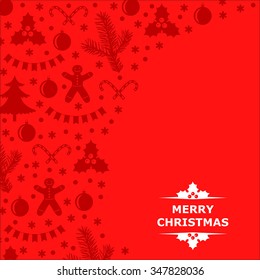 Vector illustrations of card decorated with Christmas baubles on red background