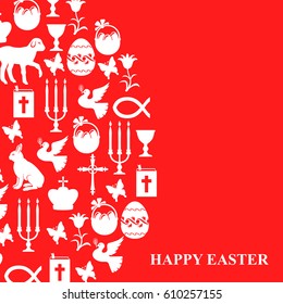 Vector illustrations of card of Easter symbols on red background