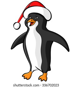 Vector illustrations of cartoon color funny penguin in Santa cap