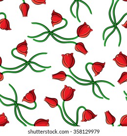 Vector illustrations of cartoon contour color red tulips flowers pattern seamless