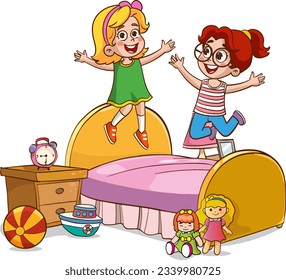 vector illustrations of cartoon cute kids playing in the room

