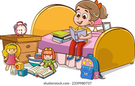 vector illustrations of cartoon cute kids reading a book in his room