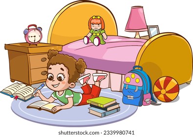vector illustrations of cartoon cute kids reading a book in his room