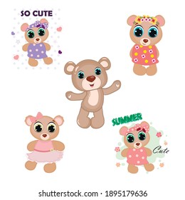 Ilustraciones vectoriales. Caricatura adorables osos para bebé. Letras.Perfecto para tarjetas de felicitación, invitaciones a fiestas, afiches, pegatinas, pin, scrapbooking, iconos.