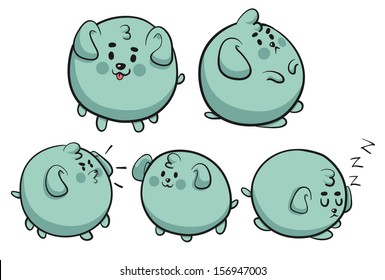 Vector illustrations of a cartoon dog in many poses. Each illustration is in an isolated group.