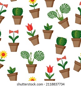 Vector illustrations of cartoon flowers in pots pattern seamless
