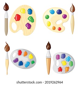 Vector illustrations of cartoon paintbrush and palette of paints seven colors of rainbow set