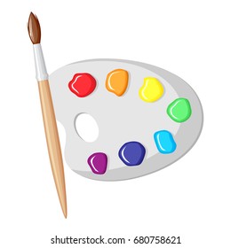 Vector illustrations of cartoon paintbrush and palette of paints seven colors of rainbow