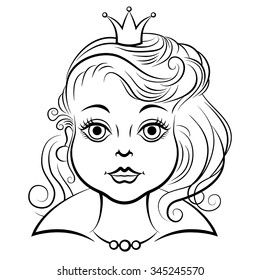 Vector illustrations of cartoon portrait beautiful princess contour