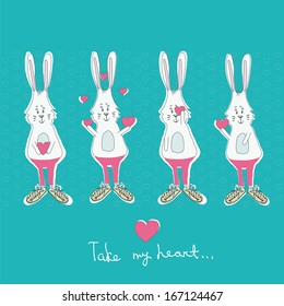 Vector illustrations of cartoon rabbit with heart