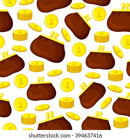 Vector illustrations of cartoon retro purse and coins pattern seamless