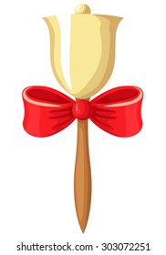 Vector illustrations of cartoon school bell on the handle, decorated with a red bow, to celebrate September 1