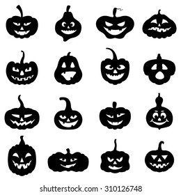 Vector illustrations of cartoon silhouette Halloween pumpkins different forms with scary faces