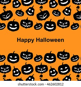 Vector illustrations of cartoon silhouette Halloween pumpkins different forms with scary faces greeting orange background