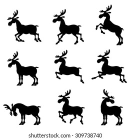 Vector illustrations of cartoon silhouette set of deer in different  poses 