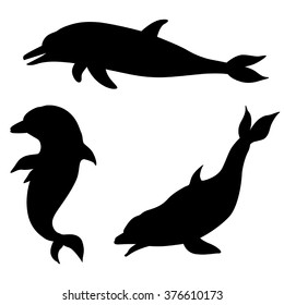 Vector illustrations of cartoon silhouettes dolphin set