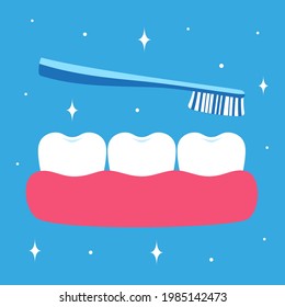 ilustraciones vectoriales de dientes de dibujos animados en encías, tarjeta dental con cepillo de dientes y dientes, higiene dental de la salud