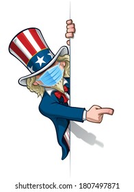 Vector illustrations of a cartoon Uncle Sam, pointing to a blank space, wearing a surgical mask. All elements neatly in well defined layers n groups.
