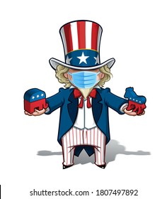 Vector illustrations of a cartoon Uncle Sam, debating Democrats n Republicans, wearing a surgical mask. All elements neatly in well defined layers n groups.
