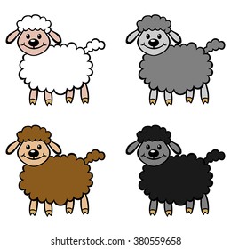 Vector illustrations of cartoon white, gray, brown, black sheep set isolated on white background