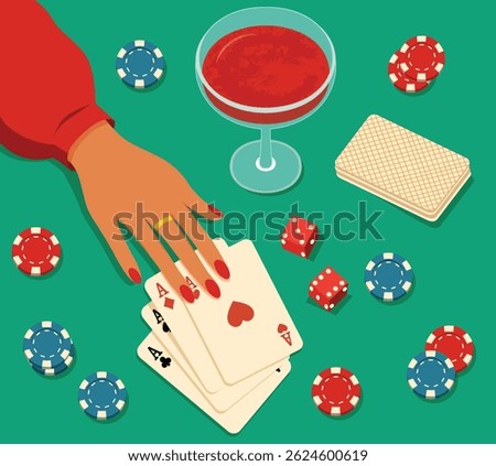 Vector illustrations of casino scenes female hand with cards, roulette, poker, chips, dice and player's hand. Elegant, minimalist design, risk, strategy and nightlife atmosphere. For casino projects