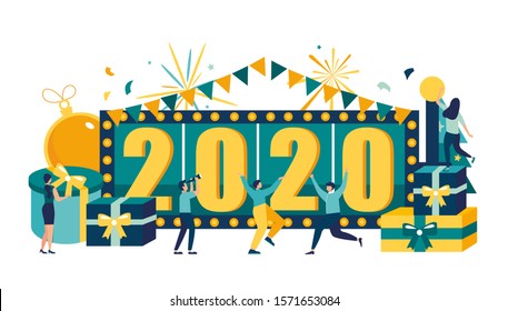 Vector illustrations, a casino scoreboard with the inscription 2020, little people get ready for the New Year, are engaged in decoration and rejoice