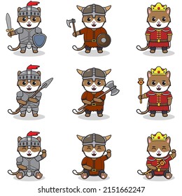 Vector illustrations of Cat characters in various medieval outfits. King, viking and knight costume. Vector illustration bundle